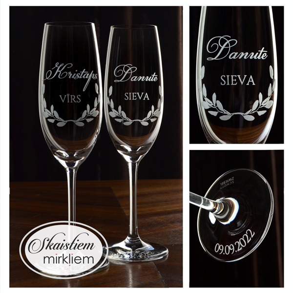 Eleganti gravētas kāzu glāzes ar vārdu un titulu gravējumu un smalku lapu vainadziņu