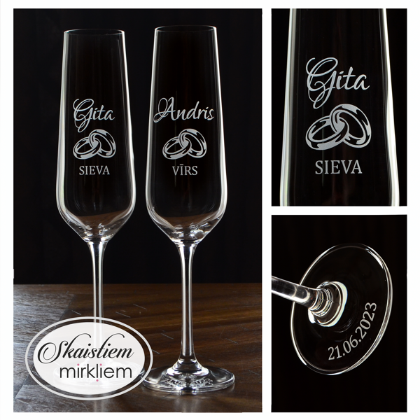 Personalizētas kāzu glāzes ar vārdiem un gredzenu simboliku klasiskā stilā