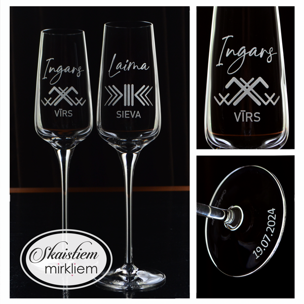 Kāzu glāzes ar vārdu, latviešu zīmju un sieva/vīrs gravējumu