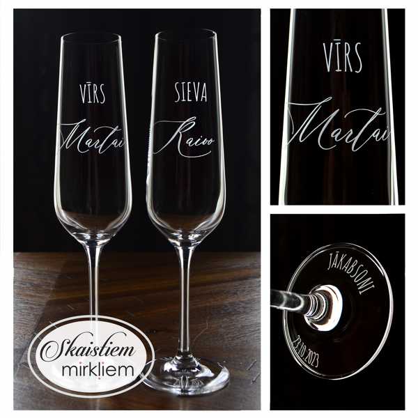 Elegantas kāzu glāžes ar "Vīrs" un "Sieva" gravējumu, pāra vārdiem, uzvārdu un datumu