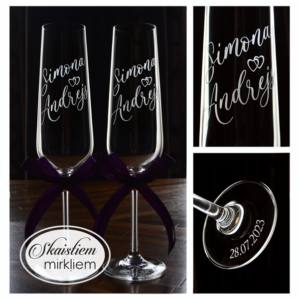 Minimālistiska stila kāzu glāzes ar smalku slīpraksta gravējumu un datumu