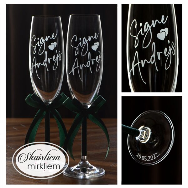 Elegants kāzu glāžu komplekts ar vārdu gravējumu un sirsniņu elementiem