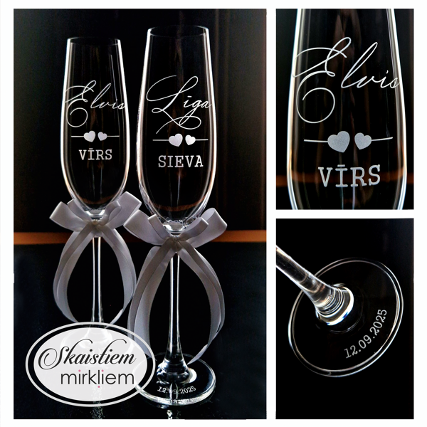 Personalizētas kāzu glāzes ar vārdiem,  "Vīrs" un "Sieva" un sirsniņām