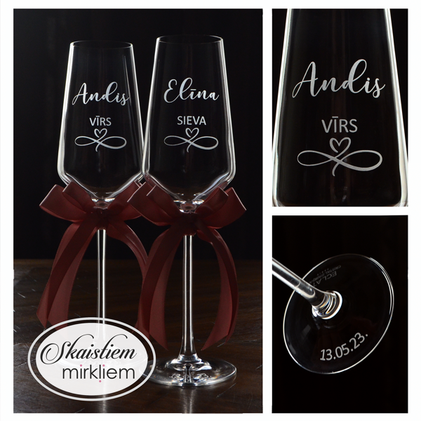 Kāzu glāzes ar vārdiem, bezgalības zīmi, vīrs, sieva gravējumu, dekorētas ar rozā lentēm