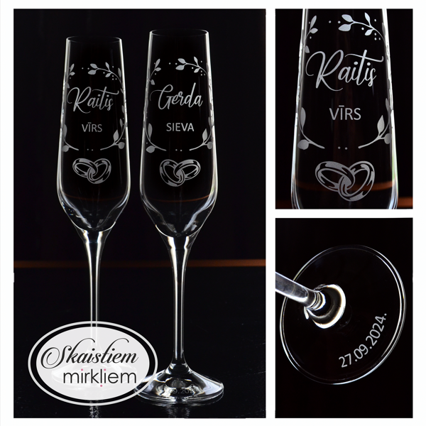 Kāzu glāzes ar gravējumu "Vīrs" un "Sieva", pāra vārdiem un lapu motīvu