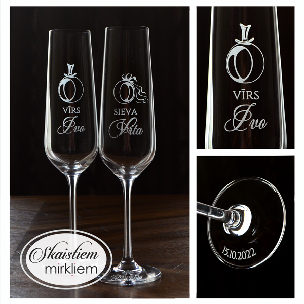 Kāzu glāzes ar vārdu, dekoratīvu gredzenu un "Vīrs" un "Sieva" gravējumu