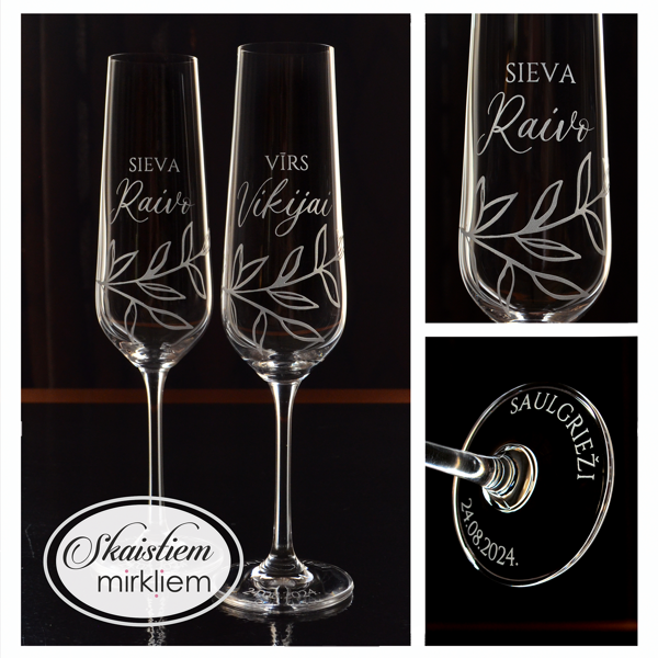 Elegants kāzu glāžu komplekts ar vārdu gravējumu "Sieva", "Vīrs" un smalku lapu motīvu