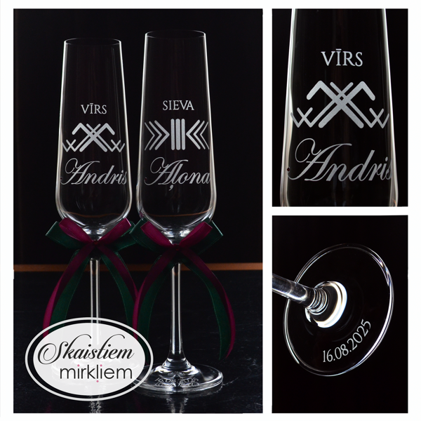 Personalizētas kāzu glāzes ar latvju zīmju motīvu, vārdiem un krāsainām lentēm