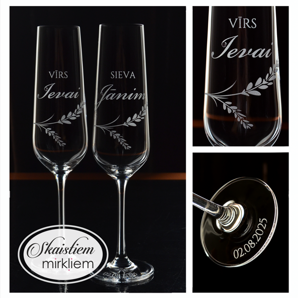 Eleganti gravētas kāzu glāzes ar vārdiem, sieva/virs un lavandas zariņu