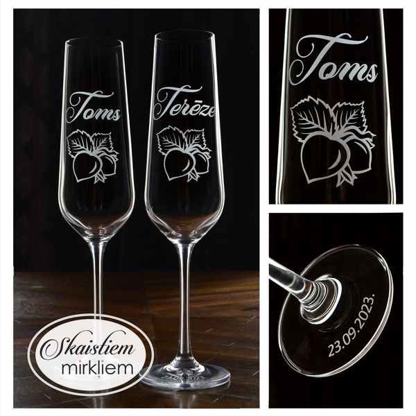 Personalizētas kāzu glāzes ar vārdu gravējumu un oriģinālu lazdu riekstu motīvu