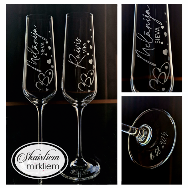 Kāzu glāzes ar vārdiem, "sieva", "vīrs" gravējumu un sirds simboliem