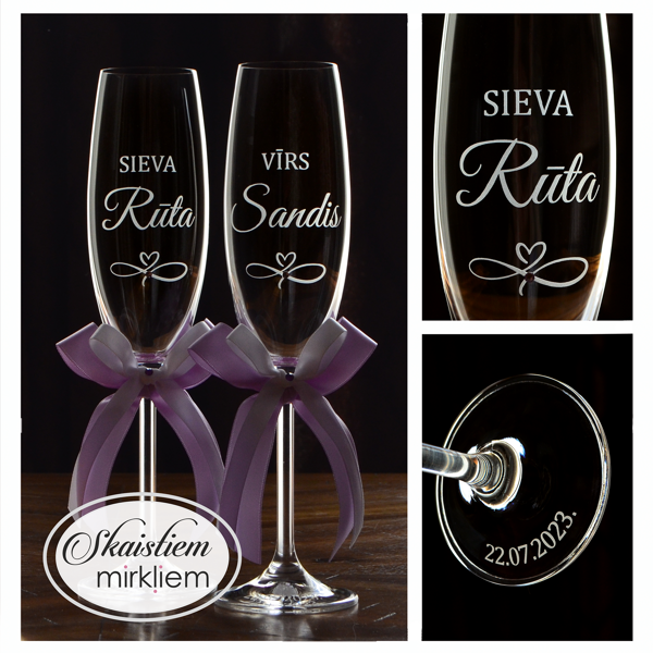 Personalizētas kāzu glāzes ar uzrakstiem "Sieva", "Vīrs" un vārdiem, dekorētas ar lentēm