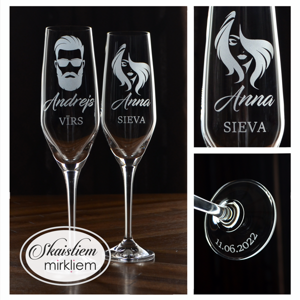 Stilīgas kāzu glāzes ar portretu un pāra vārdiem gravējumu