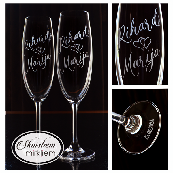 Klasiskas šampanieša glāzes ar vārdu un sirsniņu gravējumu minimālistiskā stilā