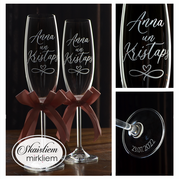 Personalizētas glāzes Annai un Kristapam ar bezgalības zīmi un vecrozā toņa lentēm