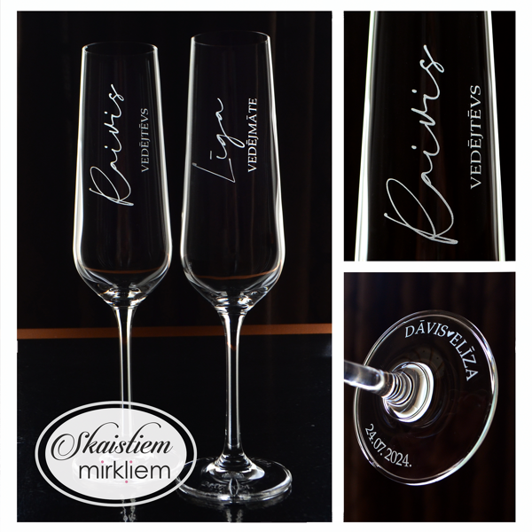 Elegants gravējums horizontālā versijā vedējiem ar jaunā pāra vārdiem, datumu