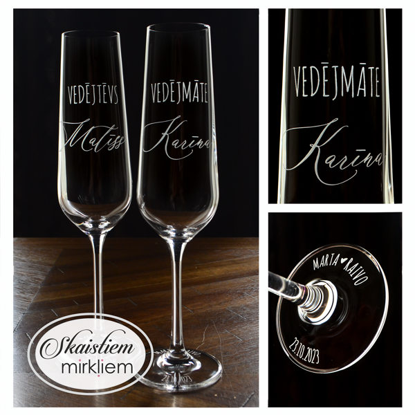 Vedēju glāzes Matīsam un Karīnai ar jaunā pāra vārdiem, datumu