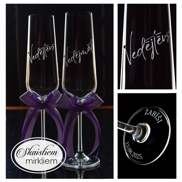 Elegants vedēju glāžu komplekts ar violetām lentēm un vārdu gravējumu