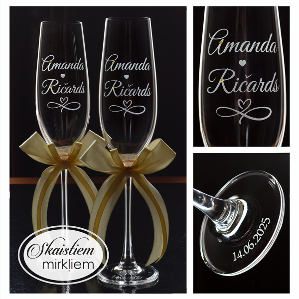 Gravētas kāzu glāzes Amandai un Ričardam ar bezgalības zīmi un šampanieša toņam lentēm