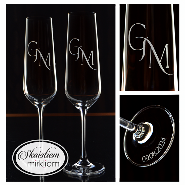 Kāzu glāzes ar iniciāļiem G un M un kāzu datumu, tīrā un klasiskā dizainā