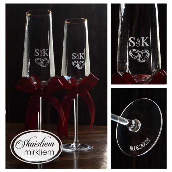 Elegantas glāzes ar iniciāļiem S un K, gredzenu simbolu un svinīgām bordo lentēm