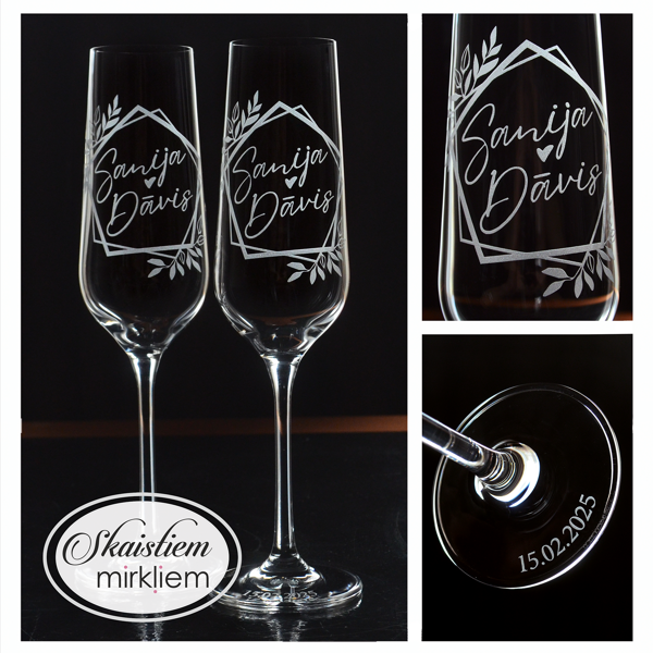 Kāzu glāzes Sanijai un Dāvim ar ģeometrisku lapu rāmja gravējumu