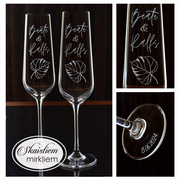 Kāzu glāzes Beātei un Rolfam ar liepu lapas gravējumu un datumu uz kājiņas