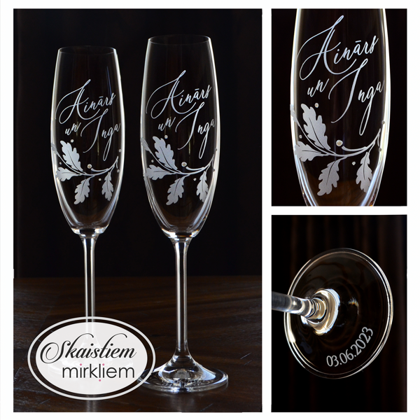 Kāzu glāzes Aināram un Ingai ar ozollapu vītnes gravējumu un datumu