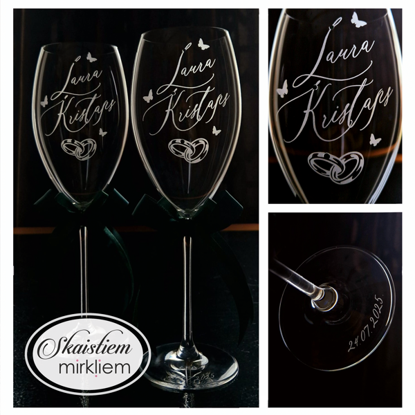 Kāzu glāzes ar tauriņu, gredzenu gravējumu un vārdiem Laura un Kristaps