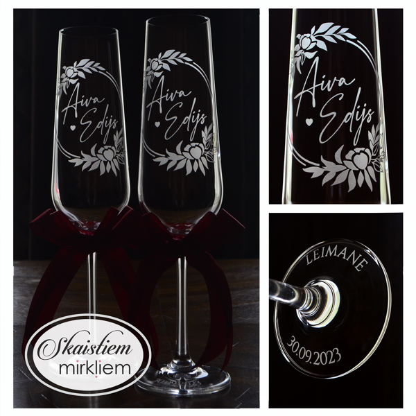 Personalizētas glāzes Aivai un Edijam ar ziedu un lapu vainaga motīvu un bordo lentēm
