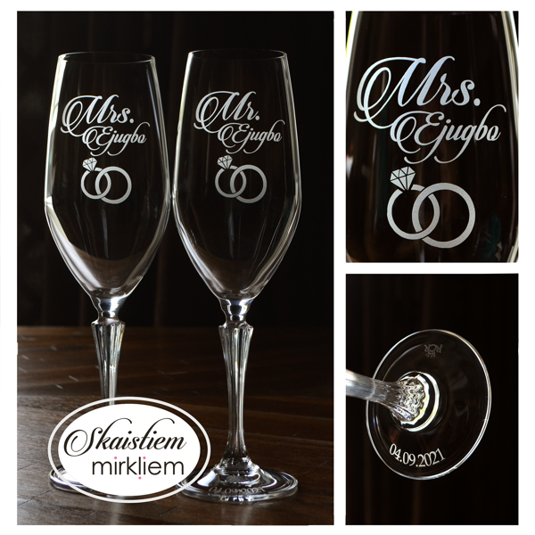 Personalizētas kāzu glāzes ar gravējumu "Mrs. Mr.Gjugjo" un savītu gredzenu simboliku