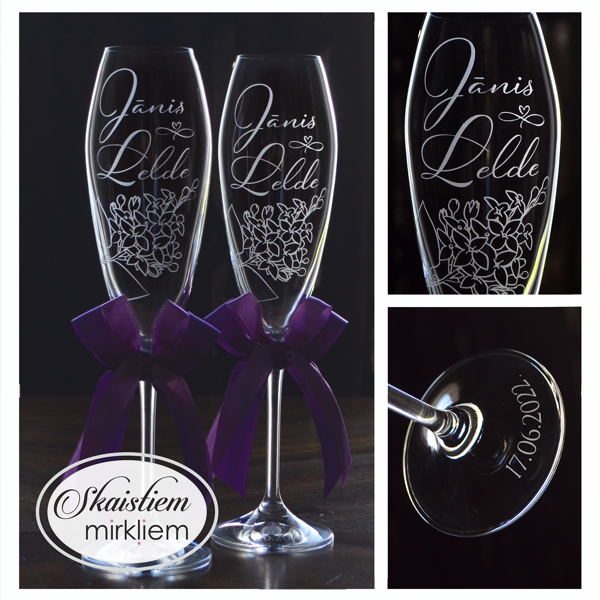Kāzu šampanieša glāzes ar smalku ceriņu gravējumu un vārdiem Jānis un Lelde