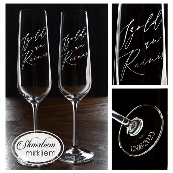 Kāzu glāzes ar vārdu gravējumu elegantā slīprakstā un datumu uz pamatnes