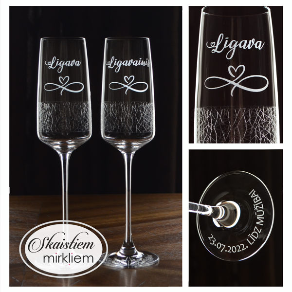 Īpaša dizaina kāzu glāzes ar bezgalības simbolu un uzrakstu "Līgava", "Līgavainis"