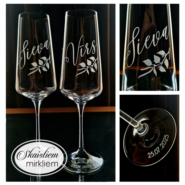 Klasiskas kāzu glāzes ar vārdu gravējumu un bērza zariņa motīvu