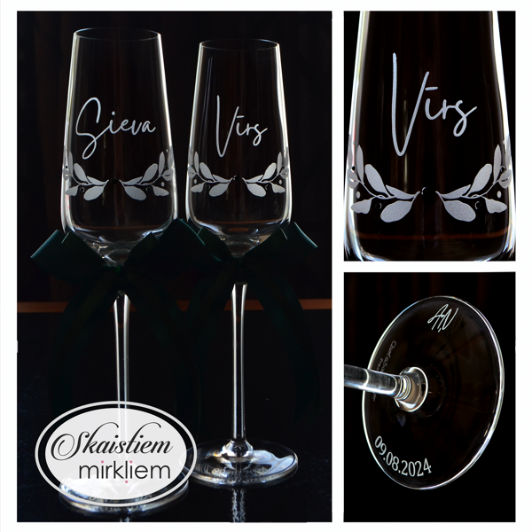 Personalizētas kāzu glāzes ar kaligrāfisku "Vīrs" un "Sieva" gravējumu un eikalipta lapām