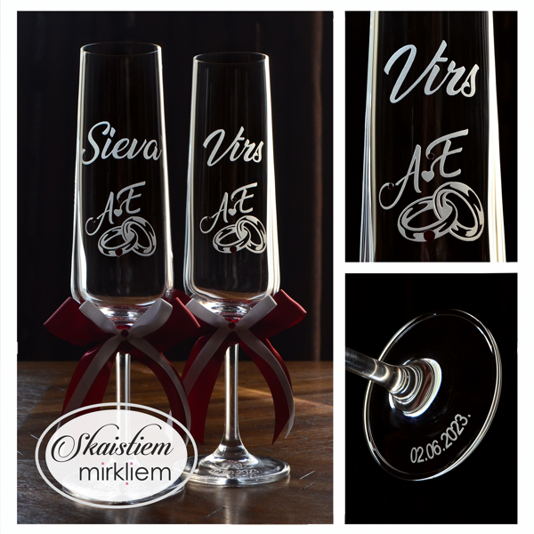 Kāzu glāzes ar gravējumu "Sieva" un "Vīrs", iniciāļiem un savītu gredzenu simbolu