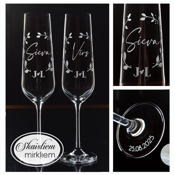 Personalizētas kāzu glāzes ar vārdiem, iniciāļiem un smalku lapu zariņu gravējumu