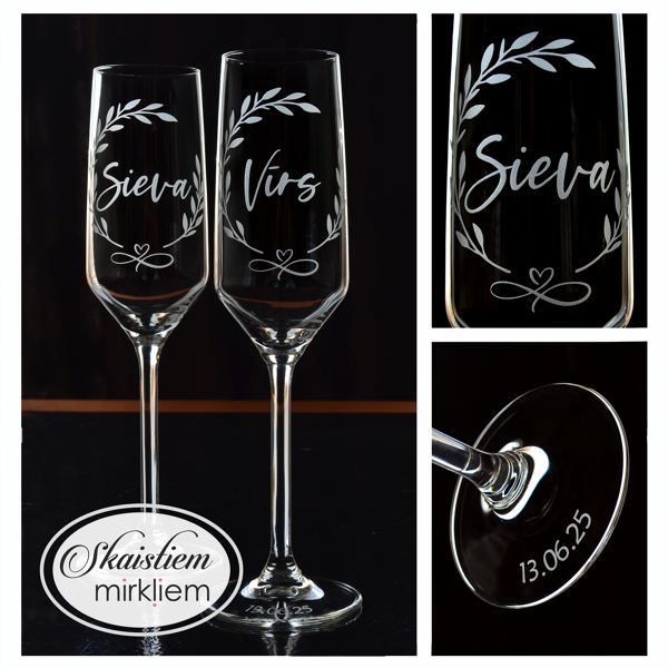 Minimālistiskas kāzu glāzes ar vārdiem un romantisku lapu zariņu gravējumu