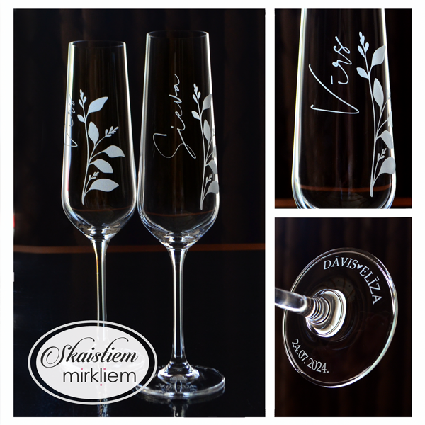 Modernas kāzu glāzes ar vārdu gravējumu un romantisku lapu dekoru