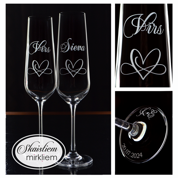 Kāzu glāzes ar kaligrāfisku "Sieva" un "Vīrs" gravējumu un savijušos siržu simbolu