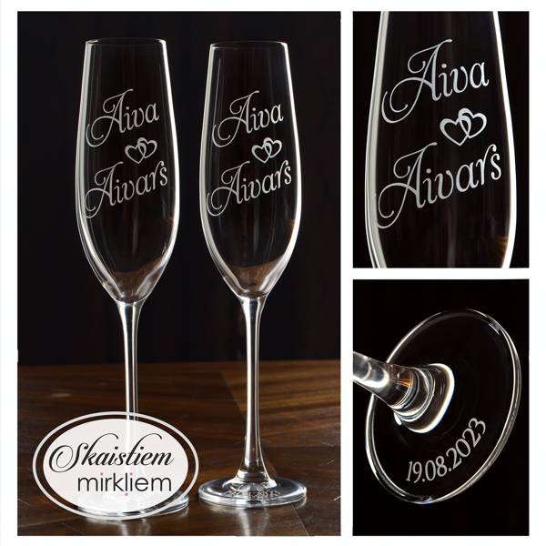 Kāzu glāzes ar vārdu un sirsniņu gravējumu un smalku datumu uz glāzes pamatnes