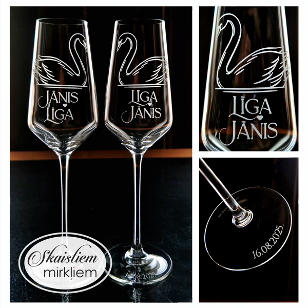 Elegants kāzu glāžu gravējums ar gulbju siluetiem un vārdiem Jānis un Līga