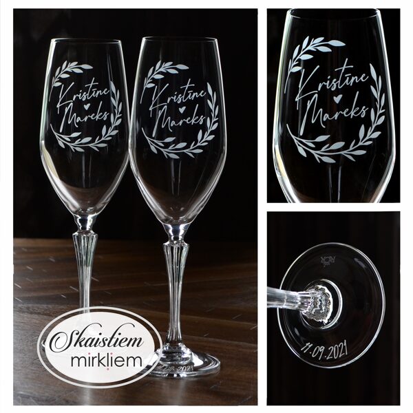 Personalizētas glāzes Kristīnei un Marekam ar vārdiem, kas ietverti lapu vainagā