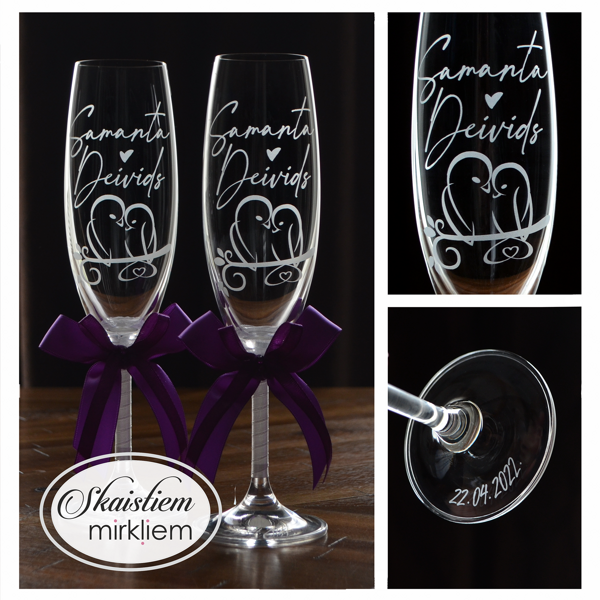 Personalizētas kāzu glāzes ar putniņiem, sirsniņām un vārdiem Samanta un Deivids