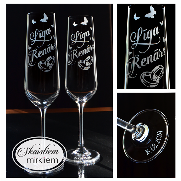 Kāzu glāžu gravējums ar tauriņu motīvu un vārdiem Līga un Renārs