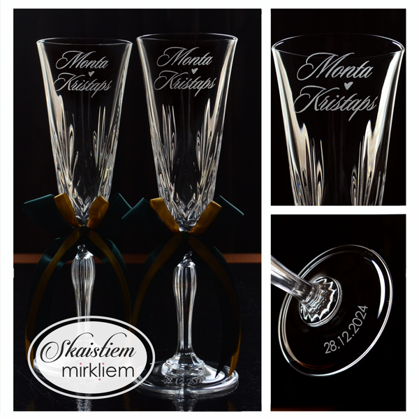 Ekskluzīva dizaina kāzu glāzes ar kristāldzidru gravējumu un zelta akcentu lentēs