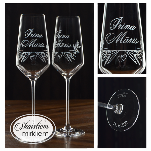 Kāzu glāzes Irīnai un Mārim ar stilizētu lapu motīvu un sirds simbolu gravējumā