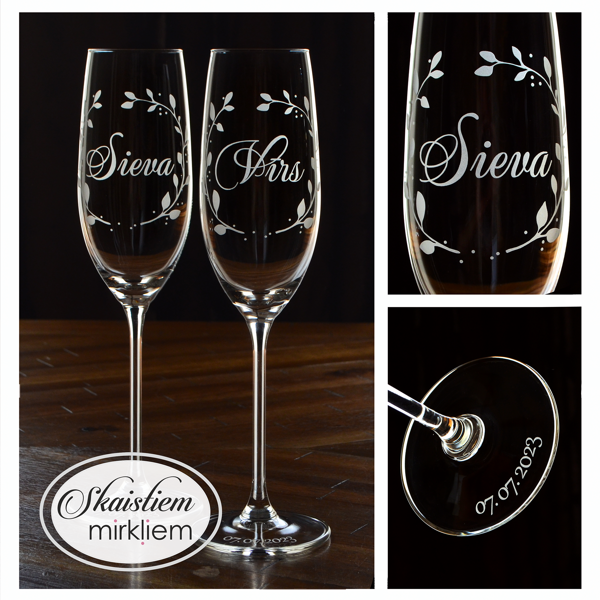 Personalizētas kāzu glāzes ar uzrakstiem "Vīrs" un "Sieva" un dekoratīvu lapu motīvu
