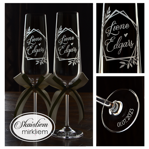 Kāzu glāzes Lienei un Edgaram ar rombveida lapu motīvu un olīvzaļām, krēmīgām lentēm